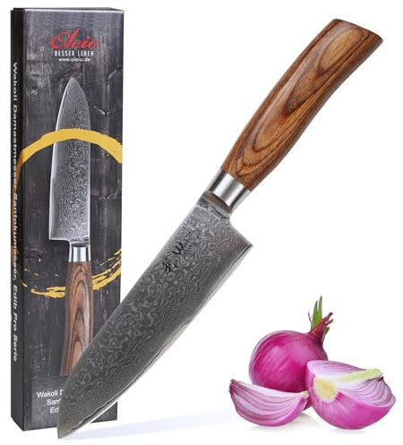 Wakoli EDIB Pro Santoku Messer aus echtem Damaststahl (VG10 Kern) 16 cm Klinge – Scharfes Damast Küchenmesser und präzises Kochmesser für alle Schnitte – Damastmesser mit Pakkaholzgriff in Geschenkbox