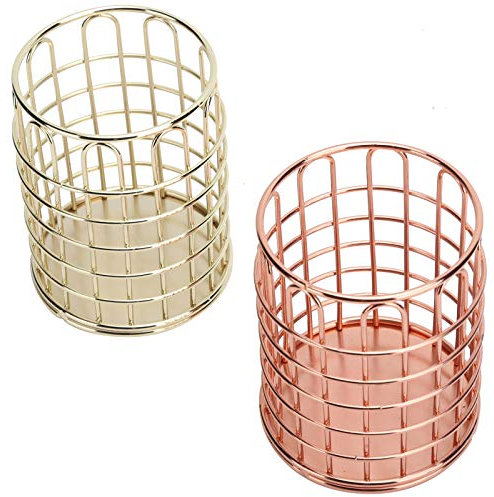 Beufee 2 Stück Goldener Stifthalter, Metalldraht Make-up-Pinselhalter Roségold Stifthalter Schreibtisch Bleistiftbecher Container Organizer für Büro-Eitelkeit