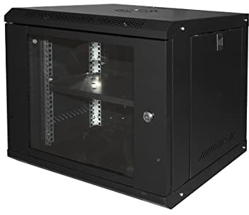 LINK LK1909UNL armadio rack 19 9U serie light colore nero con porta vetro temperato chiusura a chiave dimensioni compatte 53x40x45 cm ripiano incluso per installazione a muro uso domestico e ufficio