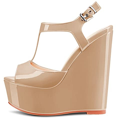 NobleOnly Femmes Haut High Compensé Plate-forme Talon Heel Ouvert Bout Lanières Cheville T-strap Slingback Boucle Sandales Mariage Party Dress 15 CM Heels Chaussures Beige Vernis 36 EU
