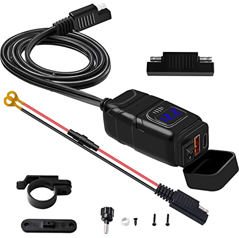 Shkalacar Cargador USB+Type C para Moto, Cargador SúPer RáPido Qc3.0 con Interruptor de Encendido/Apagado de VoltíMetro para TeléFono, Tableta, Manillar de 7/8 Pulgadas
