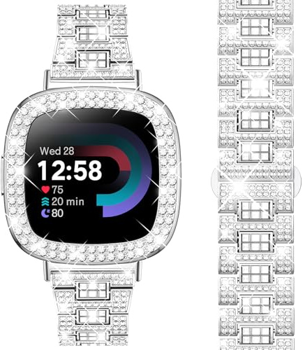 Dsytom Bling Watch Band Compatible with Fitbit Versa 3 Bands/Fitbit Sense Bands with Rhinestone Protective Case Cover for Women Girls