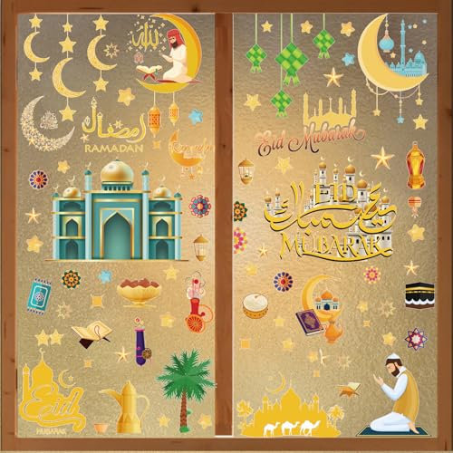 Leonshco 121 fogli di immagini per finestre Ramadan, adesivi autoadesivi Ramadan, decorazione per finestre con stelle e luna in PVC, adesivi per finestre con decorazione Eid Mubarak, decorazioni Rama