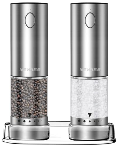 Newise Electric Salt and Pepper Grinder Set - Rechargeable Stainless Steel Salt and Pepper Shakers with LED Lights, Adjustable Coarseness, Large Capacity, Kitchen Appliances Gifts for Women