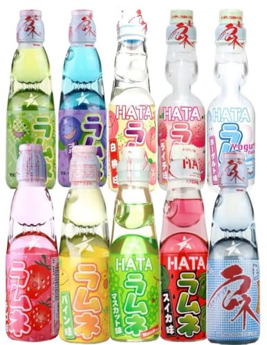 Hatakosen Ramune Soda Japanese Soft Drinks 10 Bottles Set 200 ml by Starry Mart (10 Bottles, 8 Flavours)