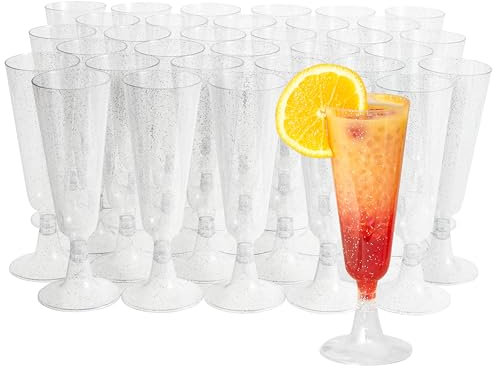 MATANA 24 Premium Sektgläser Plastik mit Silberglitter, 150ml - Sektgläser Kunststoff, Sektflöten, Champagner Gläser, Cocktailgläser, Weingläser für Hochzeiten, Partys - Stabil & Mehrweg