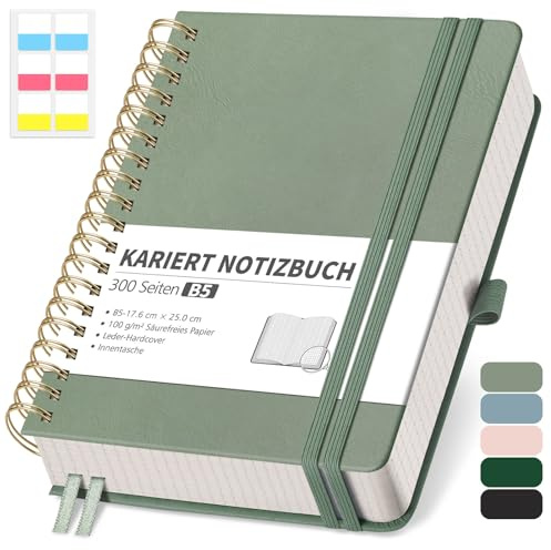 RETTACY Cuaderno B5 a rayas, Bullet Journal con papel grueso de 100 g/m², 150 hojas/300 páginas numeradas, cuaderno universitario para oficina y escuela, funda de piel, color verde claro, 17,6 cm x 25