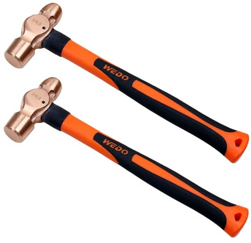 WEDO Lot de 2 marteaux à panne sphérique en cuivre, 340,2 g + 340,2 g (3/1,8 kg + 1,8 kg), marteau à panne sphérique avec manche en fibre de verre, moulé sous pression, résistant à la corrosion, norme