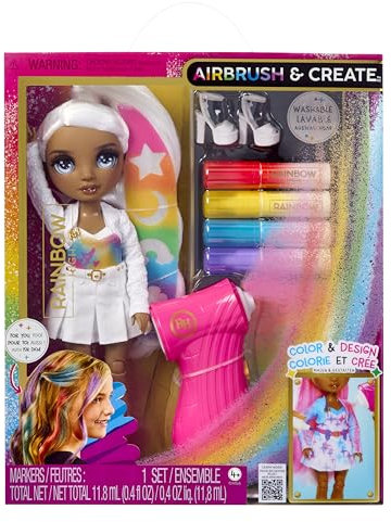 Rainbow High Air Brush & Create - 1 DIY Modepuppe mit Airbrush Market Kit, Abwaschbaren Regenbogen-Filzstiften Langen Haaren, Grauen Augen, Kreatives Spiel für Kinder von 4 bis 12+
