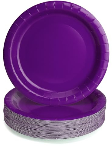 PARTY GO Lot de 50 assiettes en carton jetables de 22,9 cm pour dîner et dessert, fournitures de fête pour remise de diplôme, vacances, mariage, fête d'anniversaire, fête prénatale, violet foncé