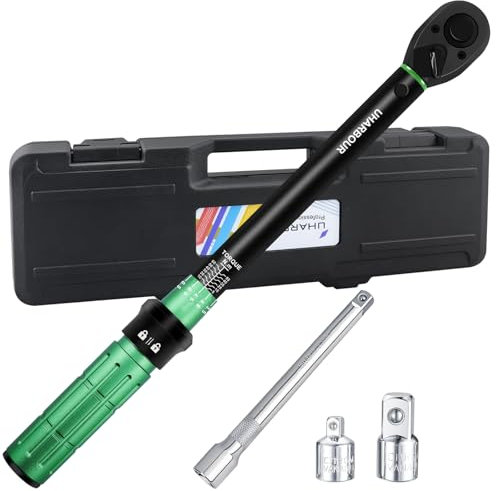 Uharbour Drehmomentschlüssel 3/8 5-60 Nm mit Verlängerungsstange und Adaptern, 0,1 Nm Mikroverstellung, Fehlergenauigkeit ± 3% mit 72 Zähnen, geeignet für Fahrrad, Motorrad und Auto