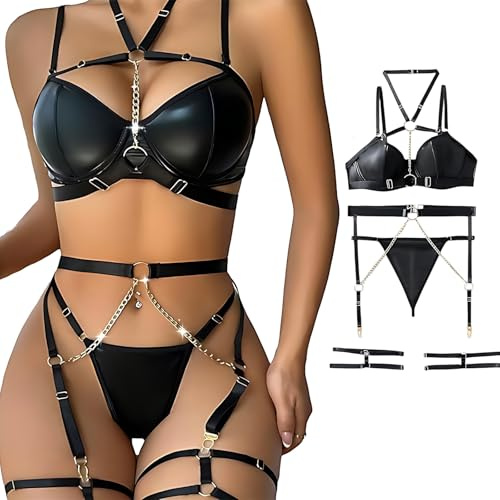 QttvbTna Damen Dessous Set Sexy Unterwäsche, 1 pcs M-Code 6-Teiliges Set, Latex Reizwäsche, Strumpfgürtel, Erotische BHS und G-String, Exklusive Unterwäsche für Damen