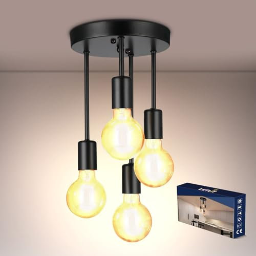 Letlit Lámpara de Techo con 4 Focos, Retro Candeeiro Teto Negro, E27 Lamparas Techo Cocina max. 60W, Retro Industrial Foco Techo para Dormitorio Comedor Cocina Salón Bar