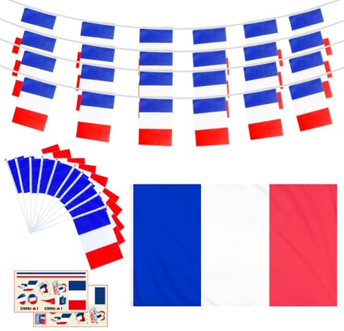 Set di bandiere francesi - 10 m bandiere francesi a corda 1 bandiera grande della Francia 10 bandiere sventolate a mano della Francia 2 adesivi tatuaggio decorazioni patriottiche per feste a tema
