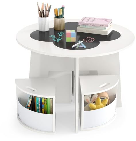 RELAX4LIFE 2 in 1 Set Tavolo e 4 Sedie Impilabili per Bambini, Tavolino Rotondo con Lavagna e Contenitore, in Legno Sicuro, per Disegno e Gioco, per Stanza Giochi, Nido, Cameretta, 70×70×49cm (Bianco)