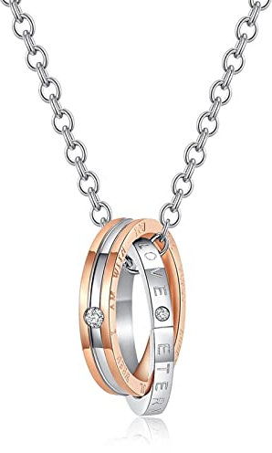SNHHNSW Halskette Kette, Edelstahlkette Doppelring mit Diamanten Anhänger Halskette Schmuck Geschenk für Mutter Frauen