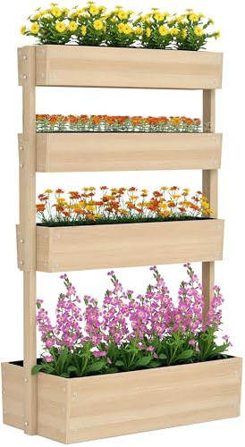 Outsunny Hochbeet Holz, 4 Ebene Pflanzbeet mit Entwässerungslöcher Frühbeet Gartenbeet Pflanzkasten 88,5 x 45 x 140 cm Gemüsebeet für Garten Balkon, Pflanzkübel für Blumen, Pflanzen,Obst, Gemüse