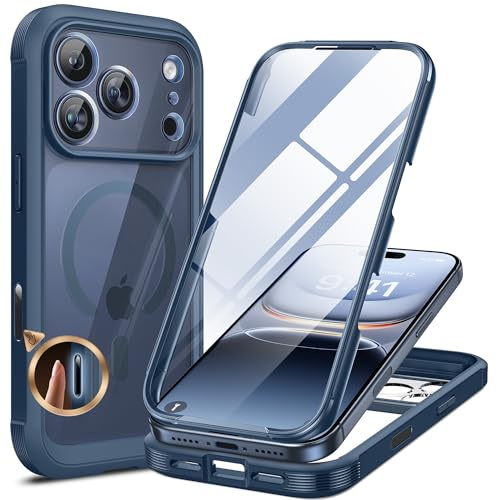 Miracase Magnetic Case for iPhone 17 Pro Max Case 6.9, [Camera Control Capture Button] Built-in Glass Screen Protector, Compatible with MagSafe, Full Body Bumper Clear Back Cover (Dark Blue)