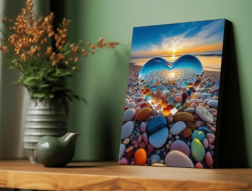 XBTYKPB Impresión artística en lienzo de un corazón de guijarros coloridos al atardecer en la playa - Foto de pared - Escena costera con piedras de colores y cielos soleados - 21 x 30 cm - Sin marco