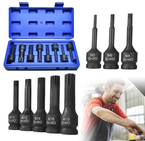 GOEDCH 1/2 Zoll Kraft XZN Vielzahn Nuss Satz: 8-tlg. 78mm Länge CR-MO-Stahl Vielzahn Kraft Schlagschrauber, M5/M6/M8/M10/M12/M14/M16/M18 Kraft XZN Vielzahn Schlagschrauber Nüsse für Autoreparatur