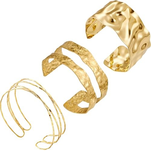 unbholkk Damen Armreif Gold, 3 Stück Armband Set Oberarmreif Modeschmuck, Damen Schmuck Gold Armreifen Chunky Jewelry Vintage Verstellbar Minimalistischer Goldene Armbänder