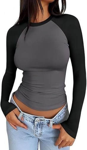 Sukiglam T-Shirts à Manches Longues Femme Bicolore Col Rond T Shirt Manche Raglan Casual Haut Sport Y2K Top Moulant Chemisier Chic Et Elegant Blouse Élasticité Bloc De Couleur Hauts Basique Automne