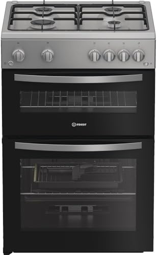 Indesit IDG6GS 60cm Gas Cooker with Double Oven & Grill, Freestanding, Silver, A+ Energy Rated, 4 Burner Hob, Easy Clean Enamel, Flame Failure Safety Device – Fast, Efficient Cooking