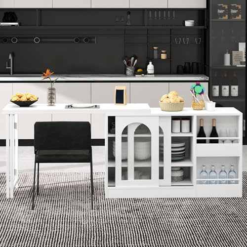 Bladez Ausziehbarer Bartisch 360° Drehbares Sideboard Essbar, Modernes Multifunktionales Bar Tisch, mit Glasschiebetür und Stauraum Regal, für Küche, Esszimmer Kaffeebar Möbel (Weiß)