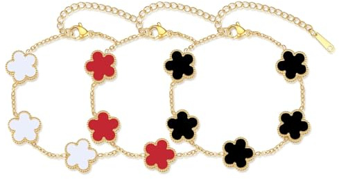 FuYelng 3 st fyrklöv trebol armband, lyckoarmband rostfritt stål justerbara guldpläterade smycken, för alla hjärtans dag jul lycklig gåva, Rostfritt stål