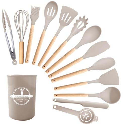 ANSISUN 14 Stück Küchenhelfer Set, Silikon Küchenhelfer mit Holzgriff | Antihaft Hitzebeständiges Kochbesteck Set inkl. Utensilienhalter, Küchenhelfer Aufbewahrung, Spülmaschinengeeignet (Khaki)