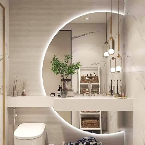 Aenmezen Moderno Specchio da Bagno Intelligente a Mezzaluna Senza Cornice, Specchio Cosmetico Retroilluminato Antideflagrante, 3 Colori Dimmerabile, Anti-nebbia(Right cut,90 * 60cm)