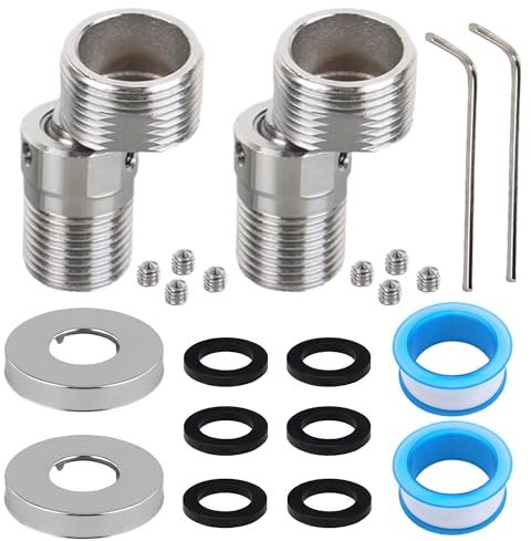 2 piezas 304 de acero inoxidable 304 conector S adaptador de grifo de ducha ajustable 360° conector S para radiador 1/2 pieza articulada cabezal de ducha, incluye 2 bandas de PTFE, 2 rosetas, 6 juntas