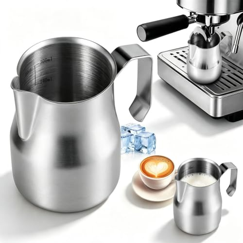 Pot à lait de 350 ml en acier inoxydable avec marqueur de mesure et poignée | Pot à lait conique, bec verseur précis, poignée ergonomique, accessoires de barista pour cappuccino, espresso et latte art