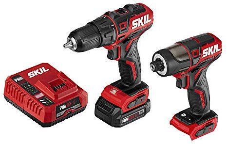 SKIL 2-Tool Drill Combo Kit: PWR CORE 12 Brushless 12V 1/2 Cordless Drill Driver & Brushless 1/4 Hex Cordless Impact Driver, Includes 2.0Ah Lithium Battery & PWR JUMP Charger - CB742901, Red