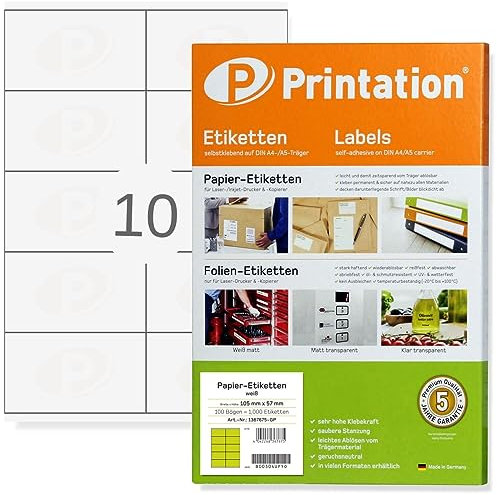 Printation Etiketten Selbstklebend 105 x 57 mm, Aufkleber zum Beschriften, 250 Klebeetiketten zum Bedrucken, 10 Adressaufkleber pro Blatt, 25 Blatt A4, Weiß, Matt, Papier, 2x5, 3425 4425 LA161 105x57