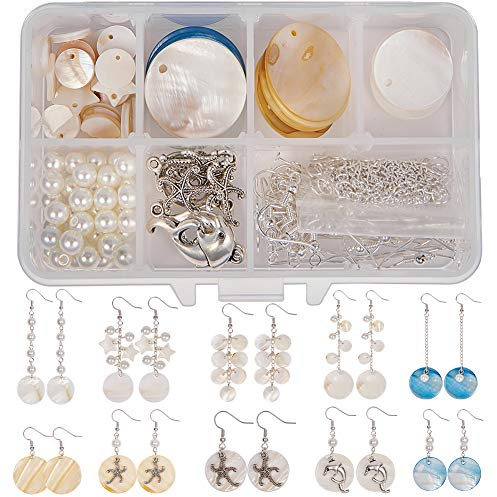 SUNNYCLUE 1 Box DIY 10 Pairs Natürliche Weiße Muschel Tropfen Baumeln Ohrringe, Die Starter Kit Runde Muschel Charme Anhänger Ohrring Haken für Kunsthandwerk Projekte Silber