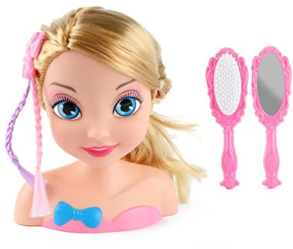 Toi-Toys Lauren Frisierkopf Kinder - Styling Head Stylingkopf mit Zubehör Trainingskopf Übungskopf zum Frisieren mit Handspiegel Haarbürste Geschenke für Mädchen ab 3 Jahre - 19x16x10 cm