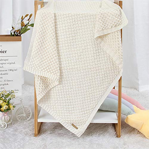 Surwin Strickdecke Babydecke Kuscheldecke Baumwolle, Mädchen und Jungen Babys Gestrickt Kinderdecke Freien Krabbeldecke Perfekt für Kinderwagen Babybett (80x100cm,Weißes Quadrat)