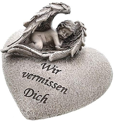Annastore Besinnliche Grabdeko zur Erinnerung, frostfest und witterungsbeständig Grabschmuck - Grabfigur - Friedhof Deko Farbe Engel auf Herz Ø 10 cm
