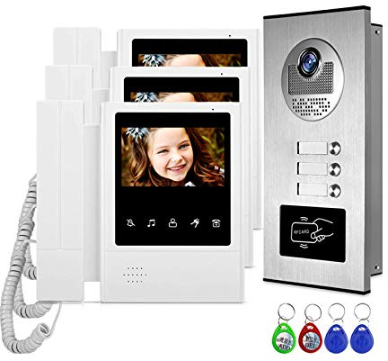 ANJIELO SMART Video Door Phone 4.3'' TFT Wired Video Intercom Doorbell System RFID Camera with 2/3/4 Monitor Doorphone for Multi Apartment EM Key Unlock (3M1B)