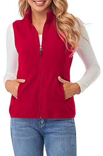 fuinloth Fleece Weste für Damen, Leicht Ärmellose Standkragen mit Reißverschlusstaschen Rot Medium
