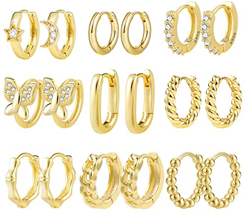 ALEXCRAFT 9Paar Ohrringe Creolen Set Damen Ohrringe für Mehrere Ohrlöcher | Ohrringe Set Stapelbar Mehrere Ohrlöcher Knorpel Piercing Creolen Kleine Kreolen Zirkonia Verdreht Herz Oval Eckig Creolen