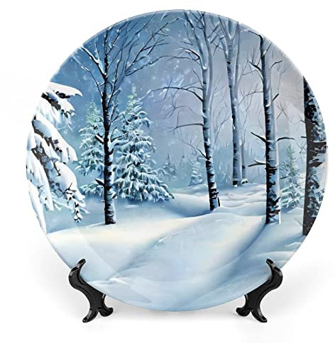 Decorative Plates, Winter Trees in Snow Painting Display Plate for Home Office Kitchen Table Decor Porcelain Plates 20 CM, Birthday Gifts
