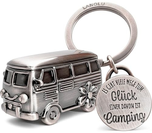 LANOLU Llavero de la suerte de camping, regalo para caravana, regalo para camping y campista, remolque 3D, accesorios de metal, Vintage Silver, 9 x 14 x 2.3 cm