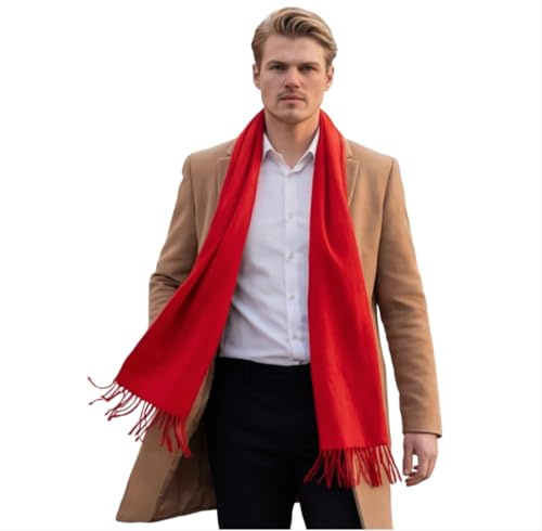 LA FERANI Herrenschal Kaschmir dünn leicht stilvoll Frühling Winter 200x70 elegant für formelle Anlässe exta geschmeidig Kaschmirschal rot einfarbig klassisch Uni Farbe (Rot)