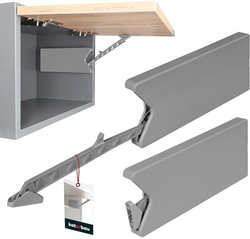 KOTARBAU® Ferrure De Relevage Polyvalent Placards PVC Gris Charnière Relevable À Fermeture Silencieuse pour Les Façades avec Dispositifs De Verrouillage | Compas Meuble | Compas De Meuble Lift II