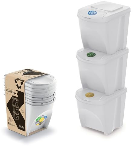 Mülleimer Abfalleimer Mülltrennsystem, Mülltrennsystem 3fach - Hochwertiger Abfallbehälter - Moderner Trash Bin für Effiziente Mülltrennung im Haushalt oder Büro - Robust und Langlebig (Weiß, 3x25L)