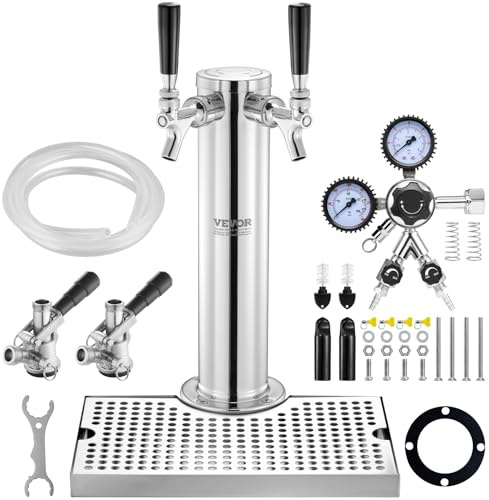 VEVOR Kegerator Tower Kit, Dual Taps Beer Conversion Kit, Stainless Steel Keg Beer Tower Dispenser with Dual Gauge W21.8 Regulator & S-System Keg Coupler, Beer Drip Tray for Party Home