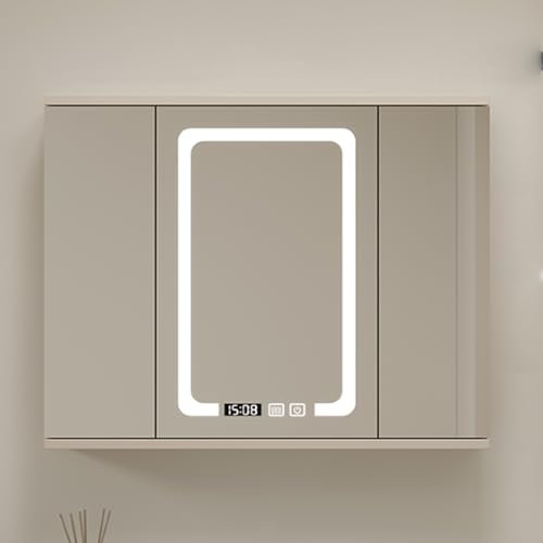 GAONUDAN Badezimmerspiegel aus Holz mit Stauraum zur Wandmontage, Medizinschrank mit LED-Spiegel und beschlagfreiem Stauraum, Medizinschrank für Badezimmer mit Spiegel und Beleuchtung, Zeitanzeige, i