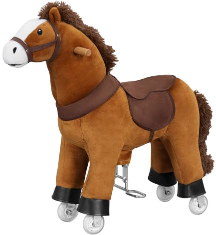 WOLTU Stehpferd auf Rollen, Reitpferd mit Klangfunktion für Kinder ab 4 Jahren, Plüschpferd zum Sitzen, geeignet für drinnen und draußen, aus Holz und Metall, Braun